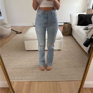 Zara Light Blue Distressed Straight Leg Jeans